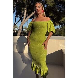 Never Fully Dressed Women's Size Medium Green Gold Smocked Jojo Midi‎ Dress